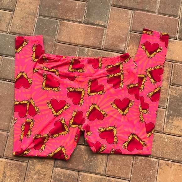 TC Valentine Hearts Pink Orange Leggings Soft & Cozy EUC - Picture 2 of 3